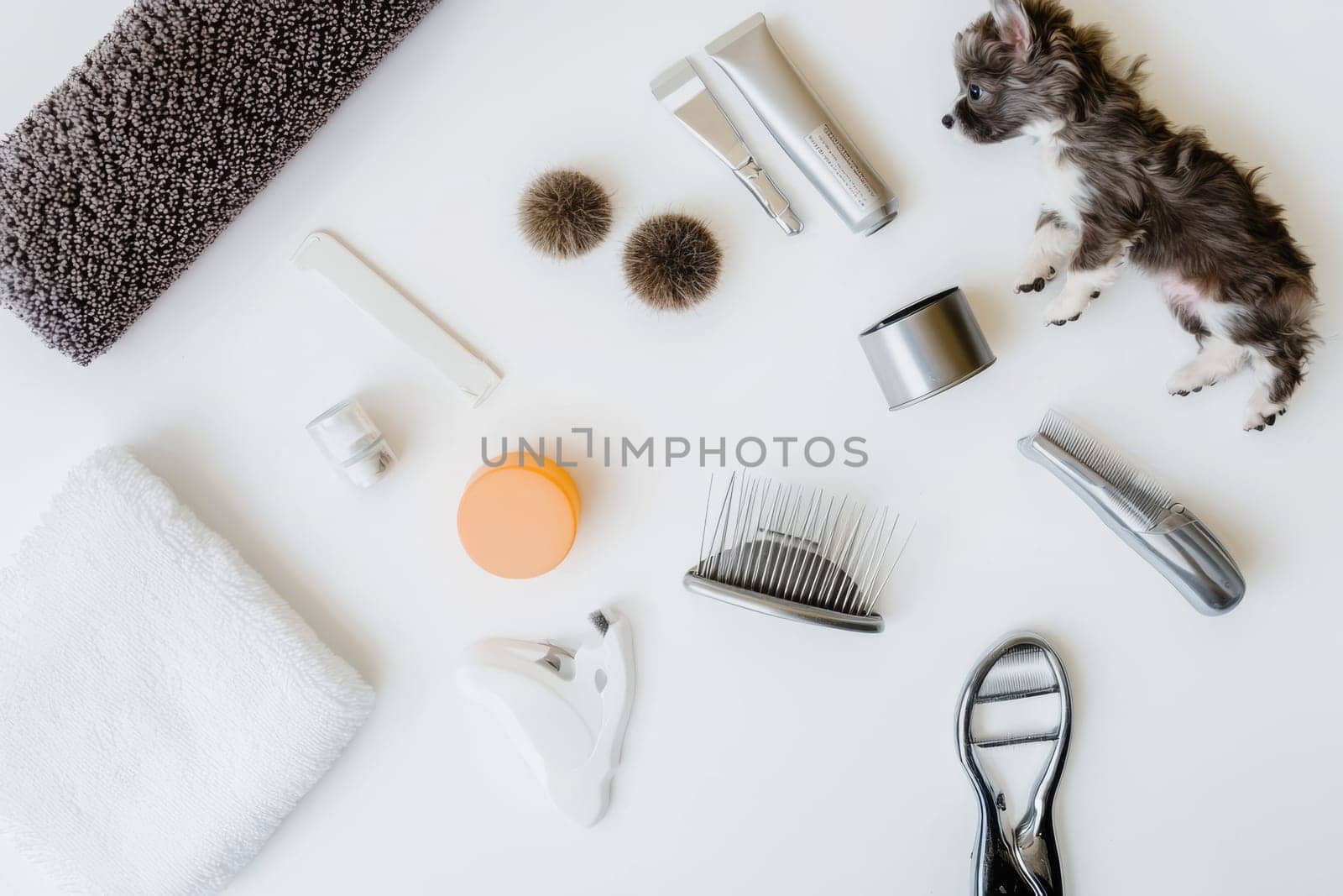 A variety of grooming tools and a small dog are arranged neatly on a white surface, ready for use.