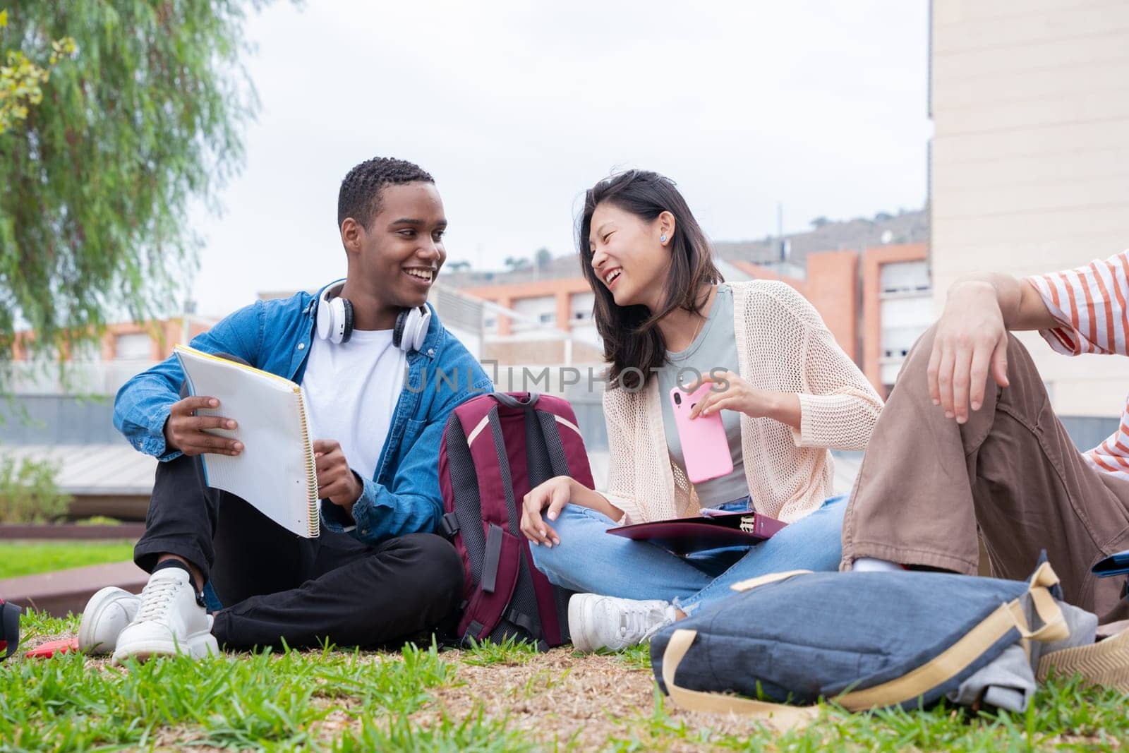 Diverse multiethnic friends relaxing after class outdoors. University life concept
