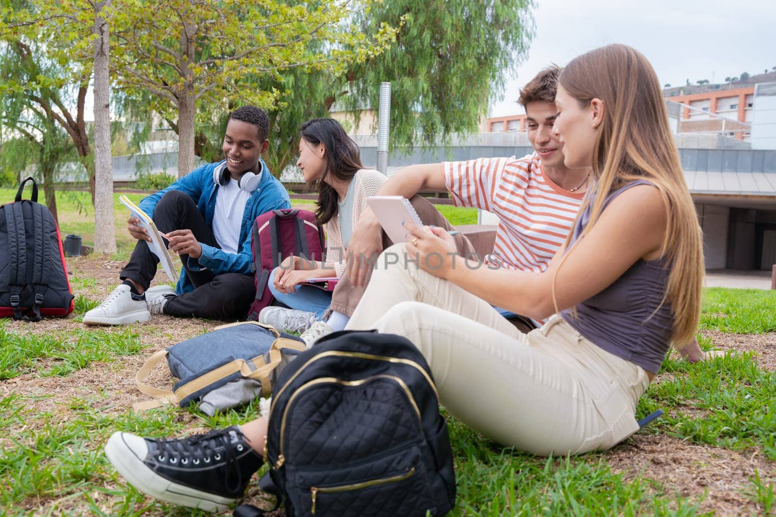 College homework and study class learning sitting around the college campus. Concept of university life.