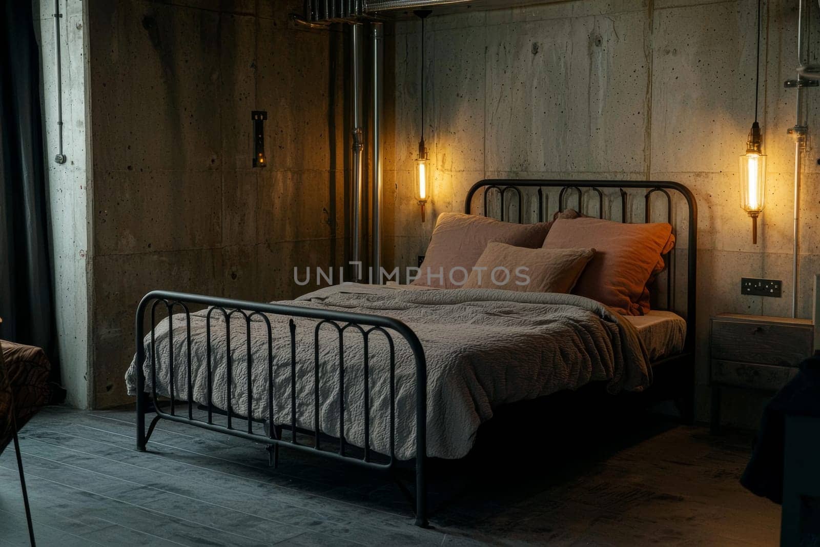 A cozy bedroom features a minimalist metal bed with soft pillows, concrete walls, and warm ambient lights creating an inviting atmosphere.
