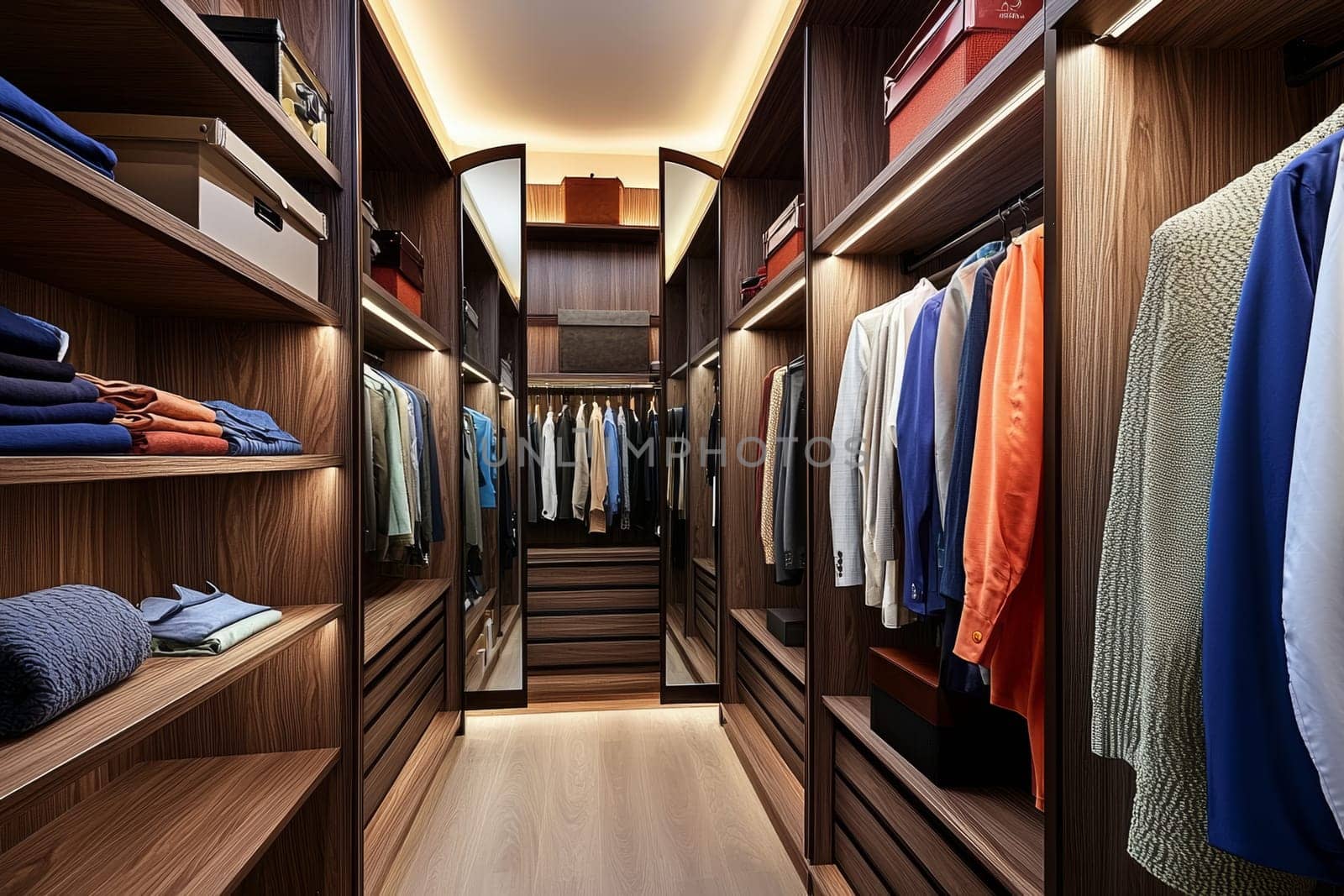 A spacious walk-in closet showcases an impressive array of clothing and accessories, highlighting a blend of modern design and organization.