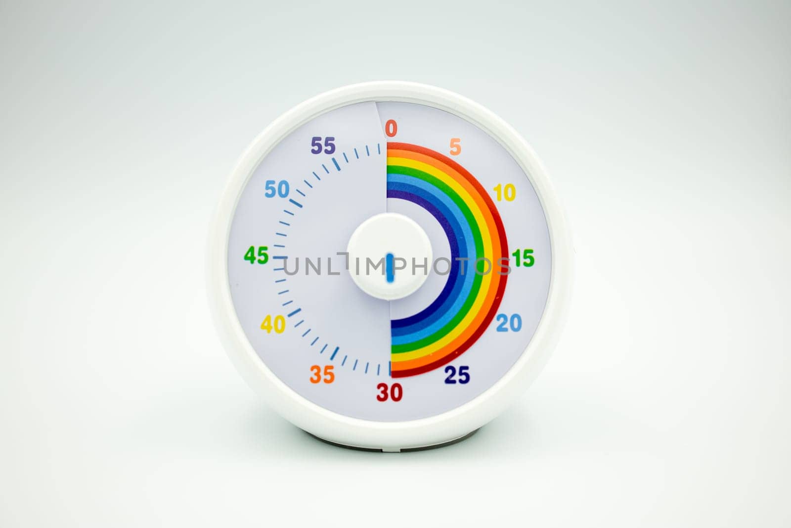 Colorful circular kids timer with rainbow sections and white frame.