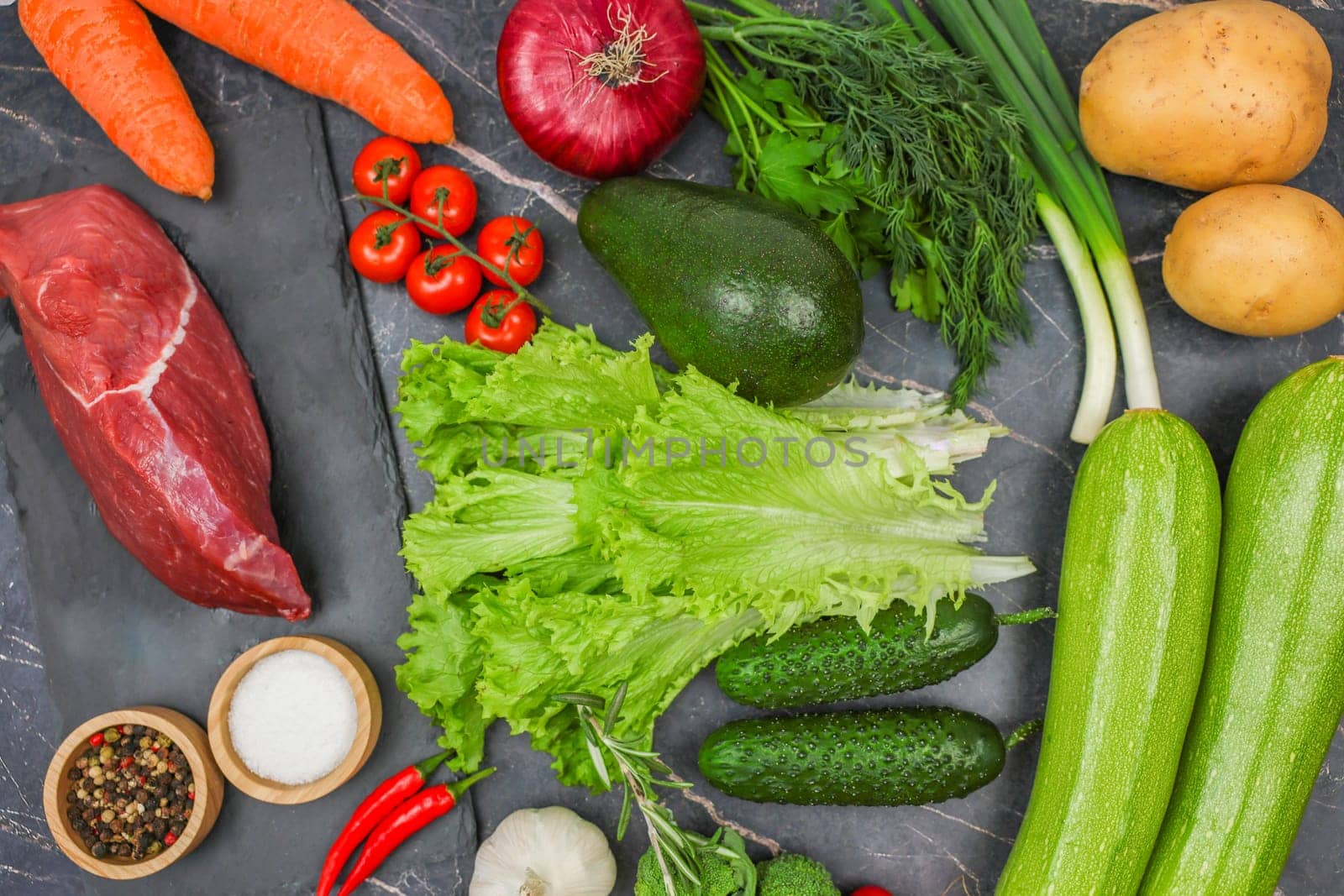 Red beef steak, spices in wooden bowls, vegetables, root vegetables and herbs. The concept of proper and healthy nutrition, diet, menu, natural and organic products. High quality photo