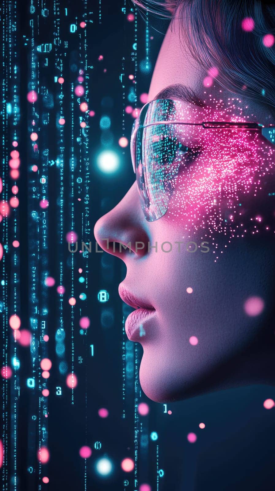 A young person with glasses gazes intently to the side against a backdrop of vivid lights and flowing binary code, capturing a futuristic and reflective moment in a digital world.