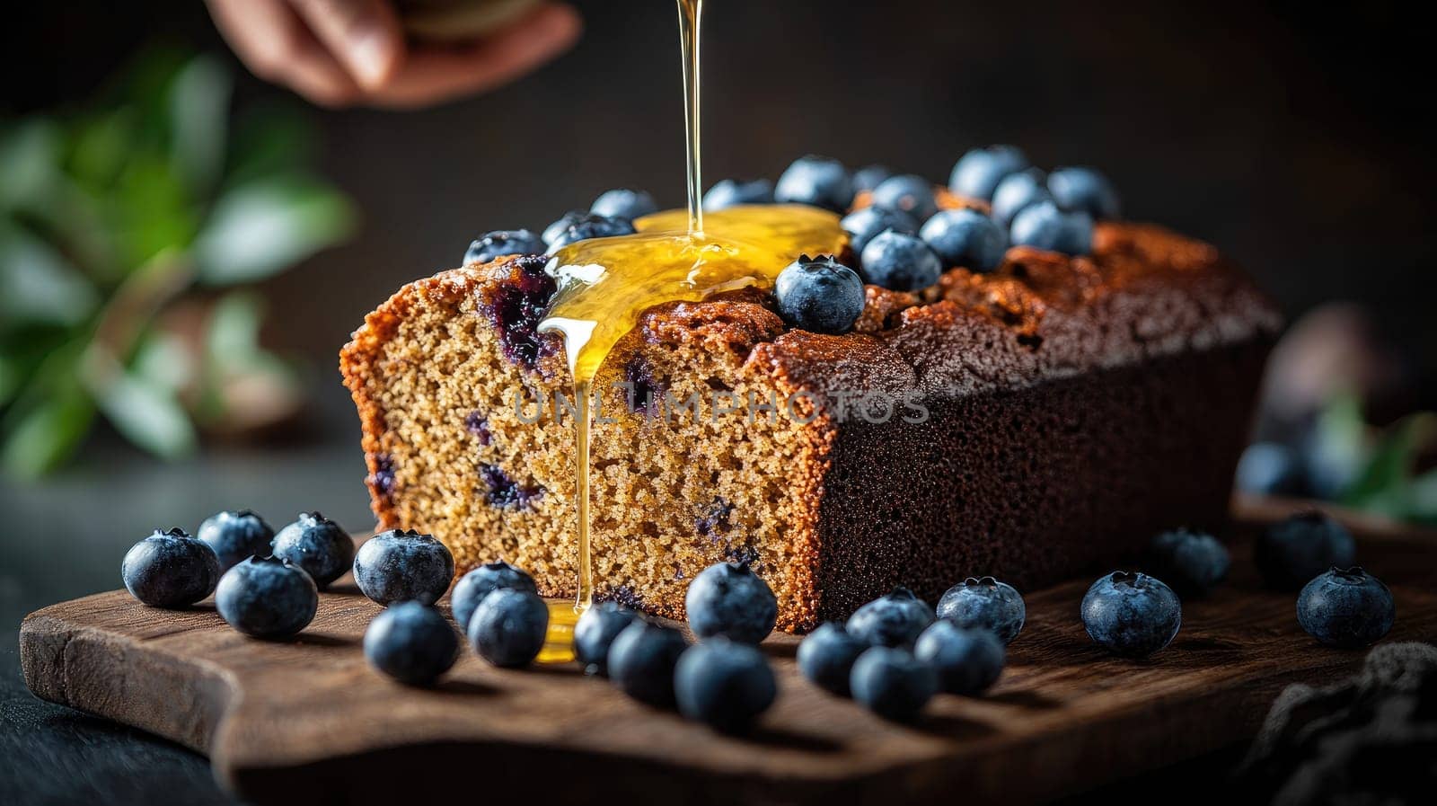 Freshly baked blueberry cake is being drizzled with honey. The cake is beautifully presented on a wooden board with scattered blueberries around it, showcasing its texture and color.
