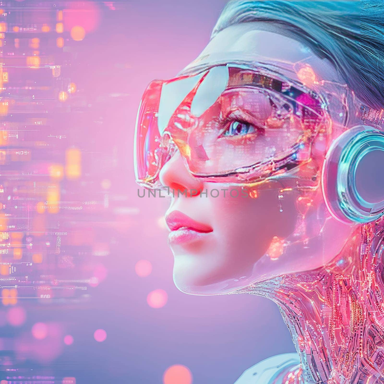 A humanoid robot with a sleek design features advanced goggles that reflect vibrant colors. The background is filled with glowing digital elements, creating a futuristic atmosphere.