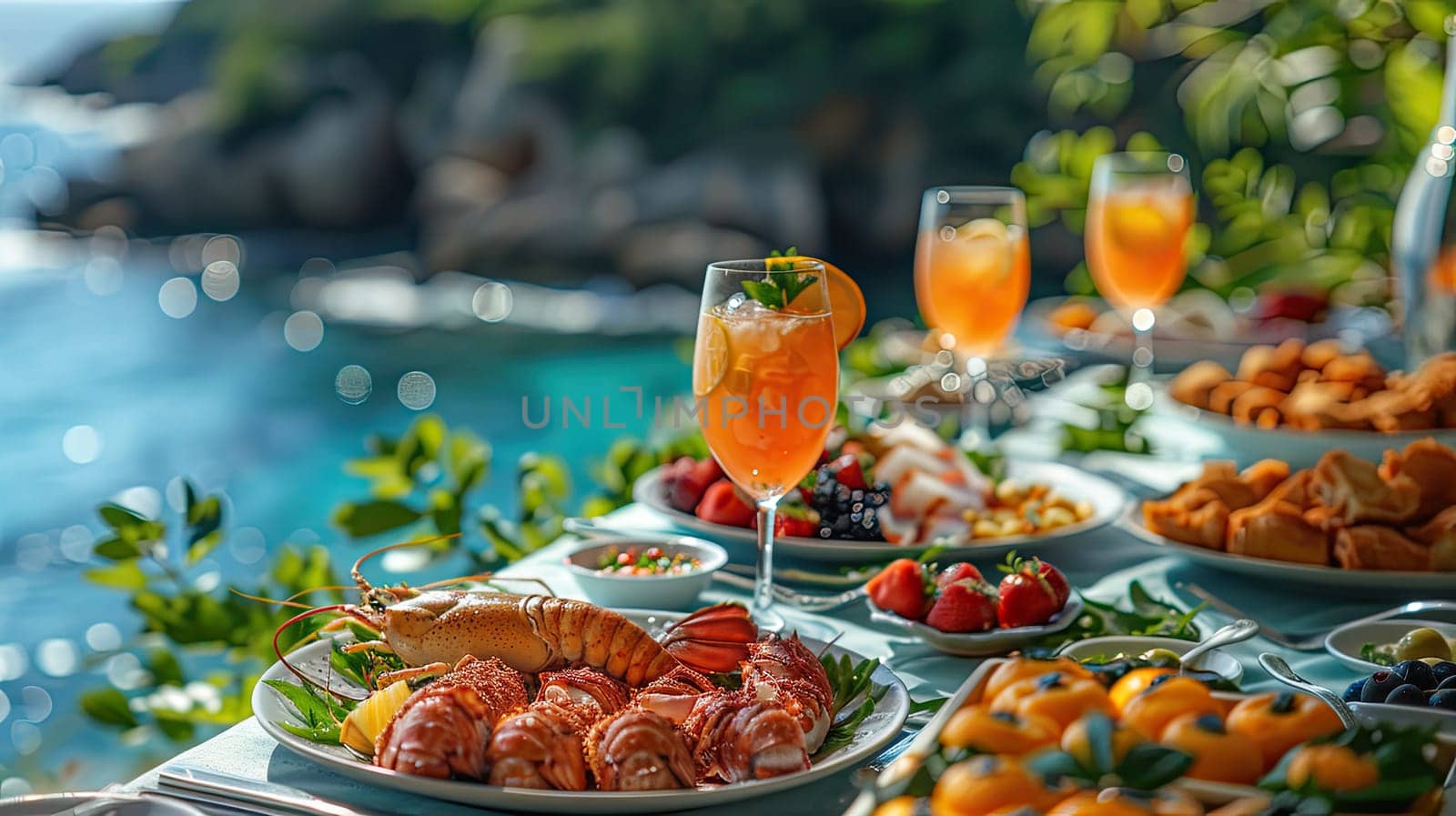 A beautifully arranged table displays a variety of seafood, fruits, and refreshing drinks alongside a stunning ocean view. Perfect for a summer gathering.