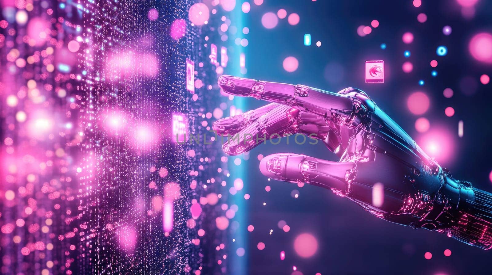 A metallic robotic hand extends towards a glowing digital screen filled with colorful data visualizations and holographic elements in a dimly lit space.