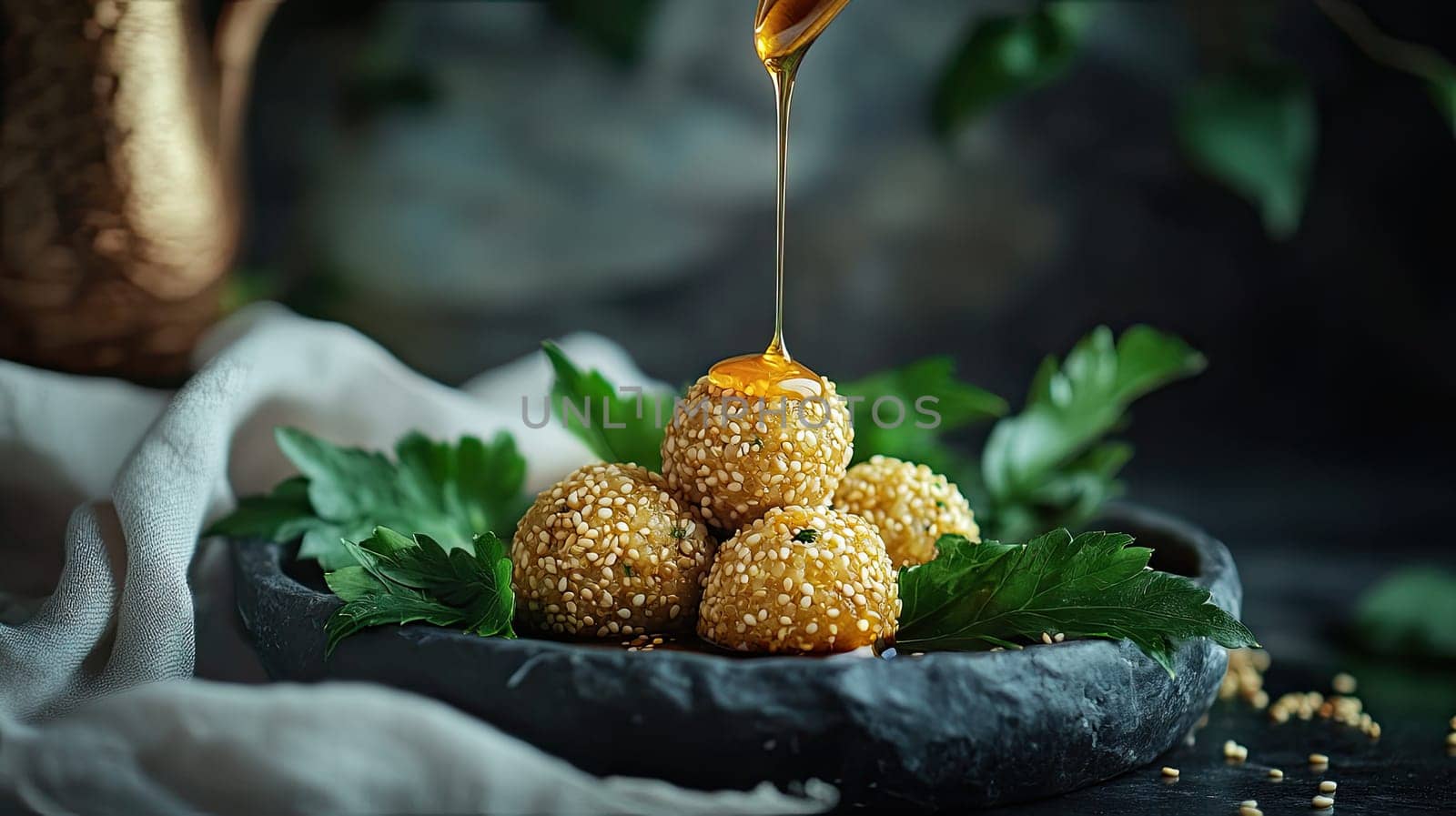 Golden sesame balls are stacked on a dark plate, topped with a drizzle of honey. Fresh parsley surrounds the dish, enhancing its vibrant presentation.
