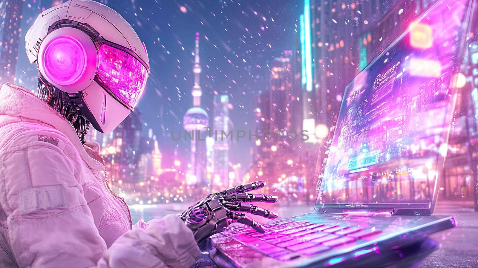 A sleek robot with a glowing visor types on a laptop in a vibrant cityscape. Snow falls softly while colorful lights illuminate the skyline, creating a high-tech atmosphere.
