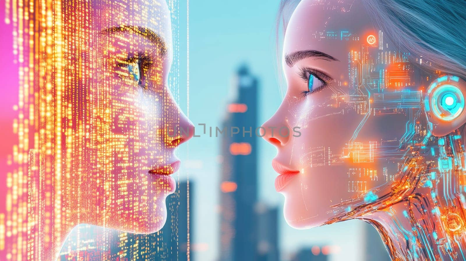 Two faces, one human and one robotic, appear to converse in a vibrant, technologically advanced cityscape. The sky glows with digital patterns as evening approaches.