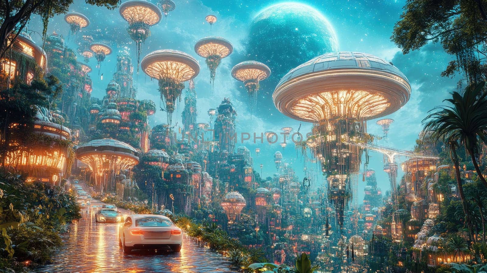 A vibrant city features floating structures illuminated in bright colors, surrounded by greenery. Two cars travel along a winding road, while a large blue moon shines above at twilight.