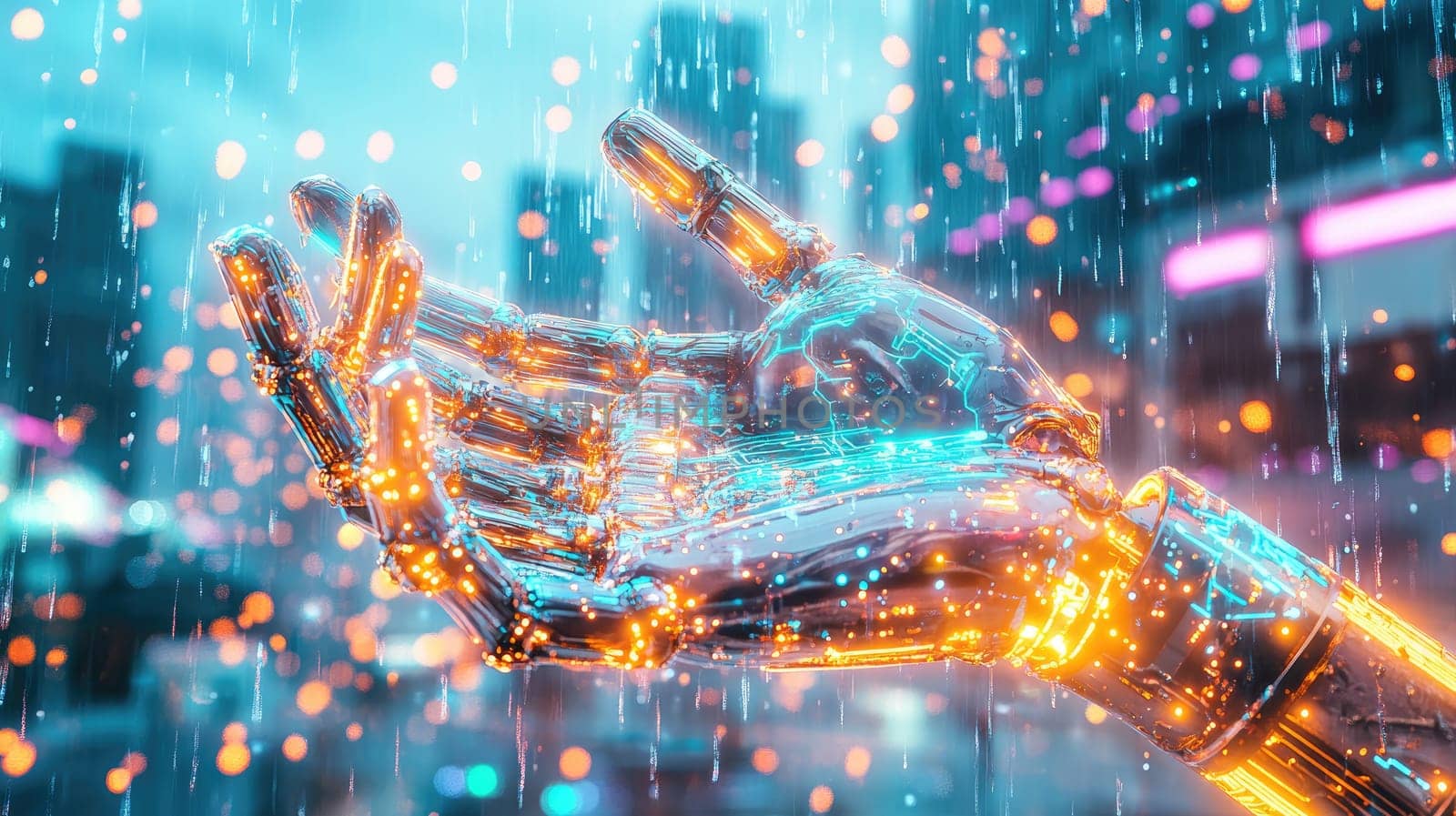 A glowing robotic hand extends outward as raindrops fall in a futuristic city setting. Bright neon lights illuminate the surroundings, creating an otherworldly atmosphere.
