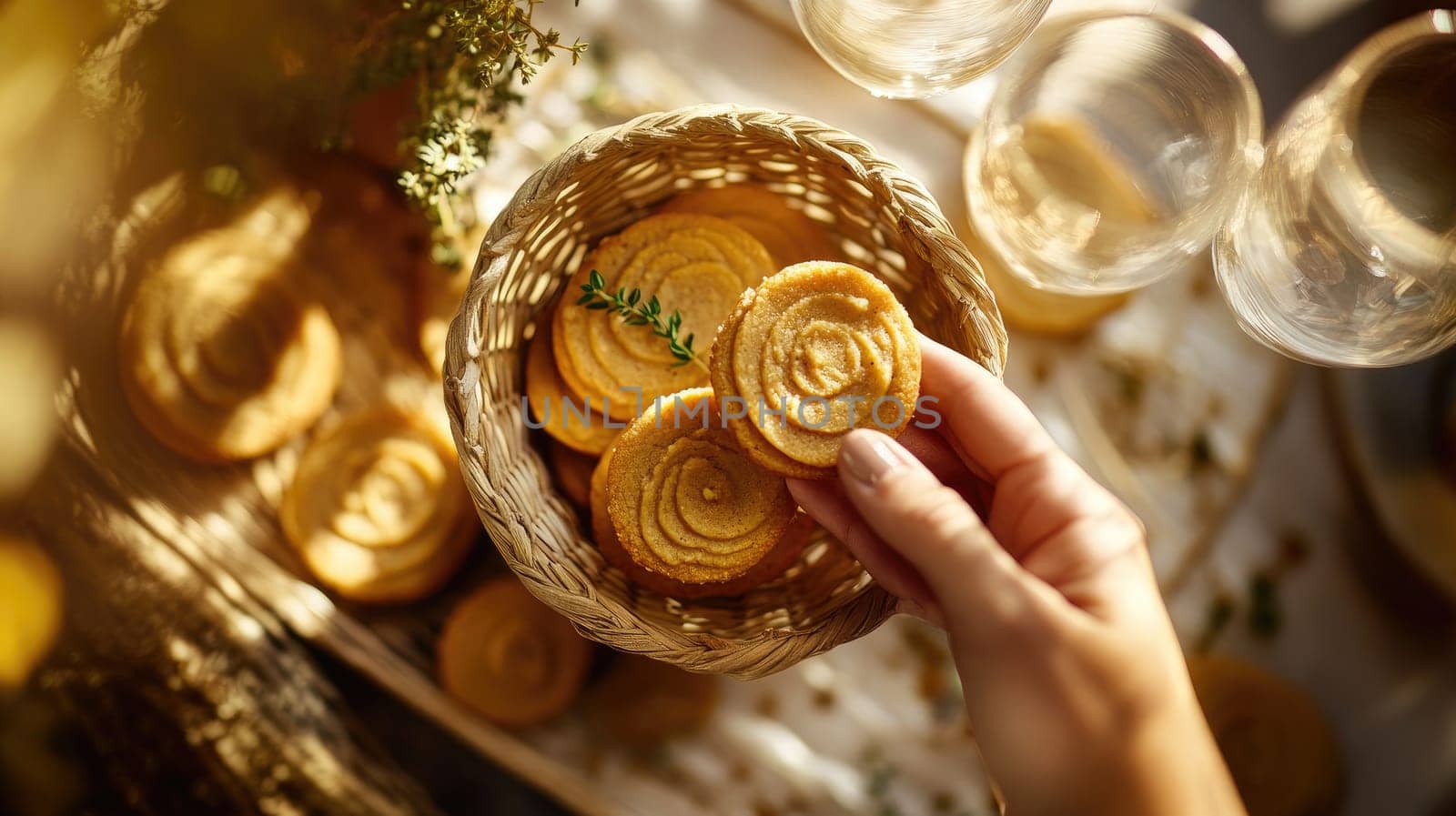 A hand reaches for a delicate cookie from a woven basket filled with golden treats. Sunlight highlights the inviting display, setting a warm, cozy atmosphere for sharing.