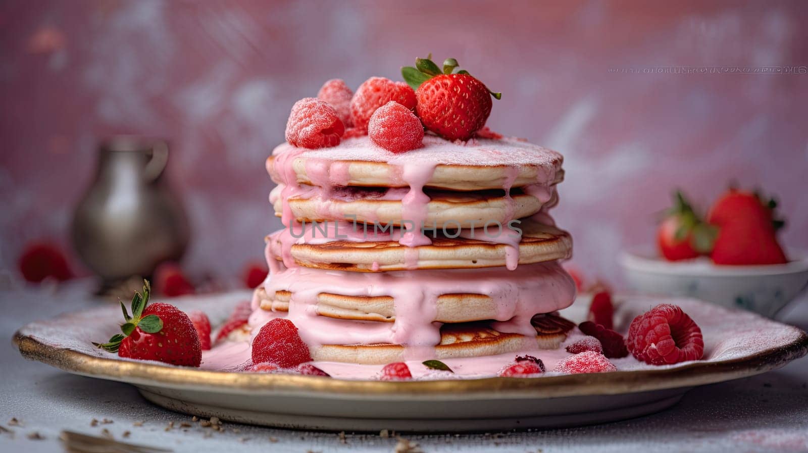 A mouthwatering stack of fluffy pancakes is drizzled with pink berry sauce and adorned with fresh strawberries and raspberries, creating a tempting breakfast treat.