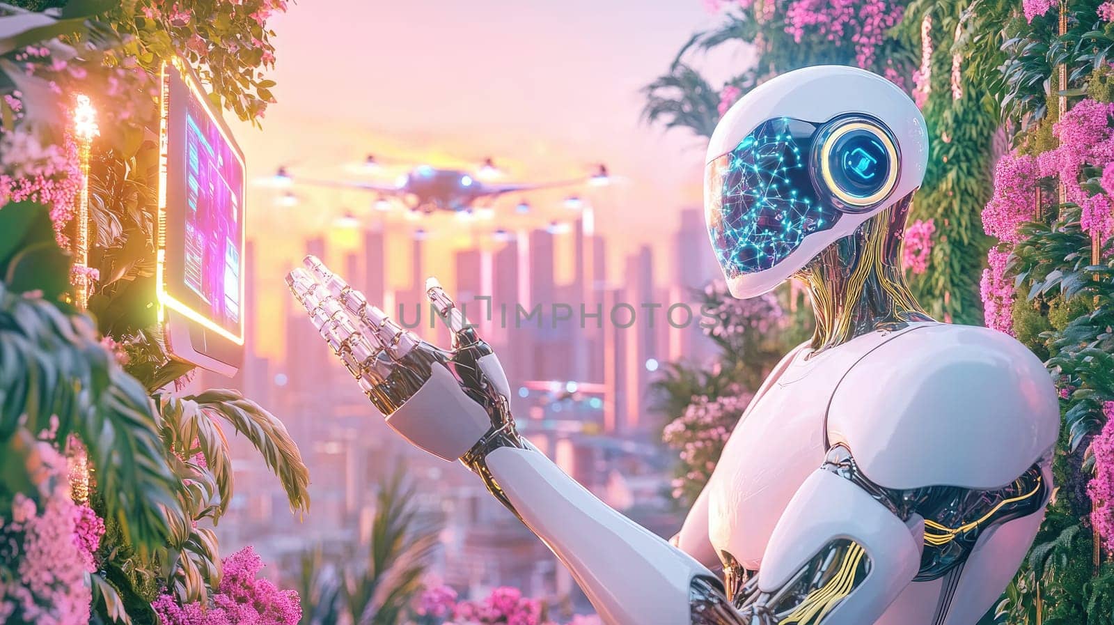 A humanoid robot with illuminated features engages with a digital screen surrounded by colorful flowers. The backdrop showcases a modern city skyline under a glowing sunset.