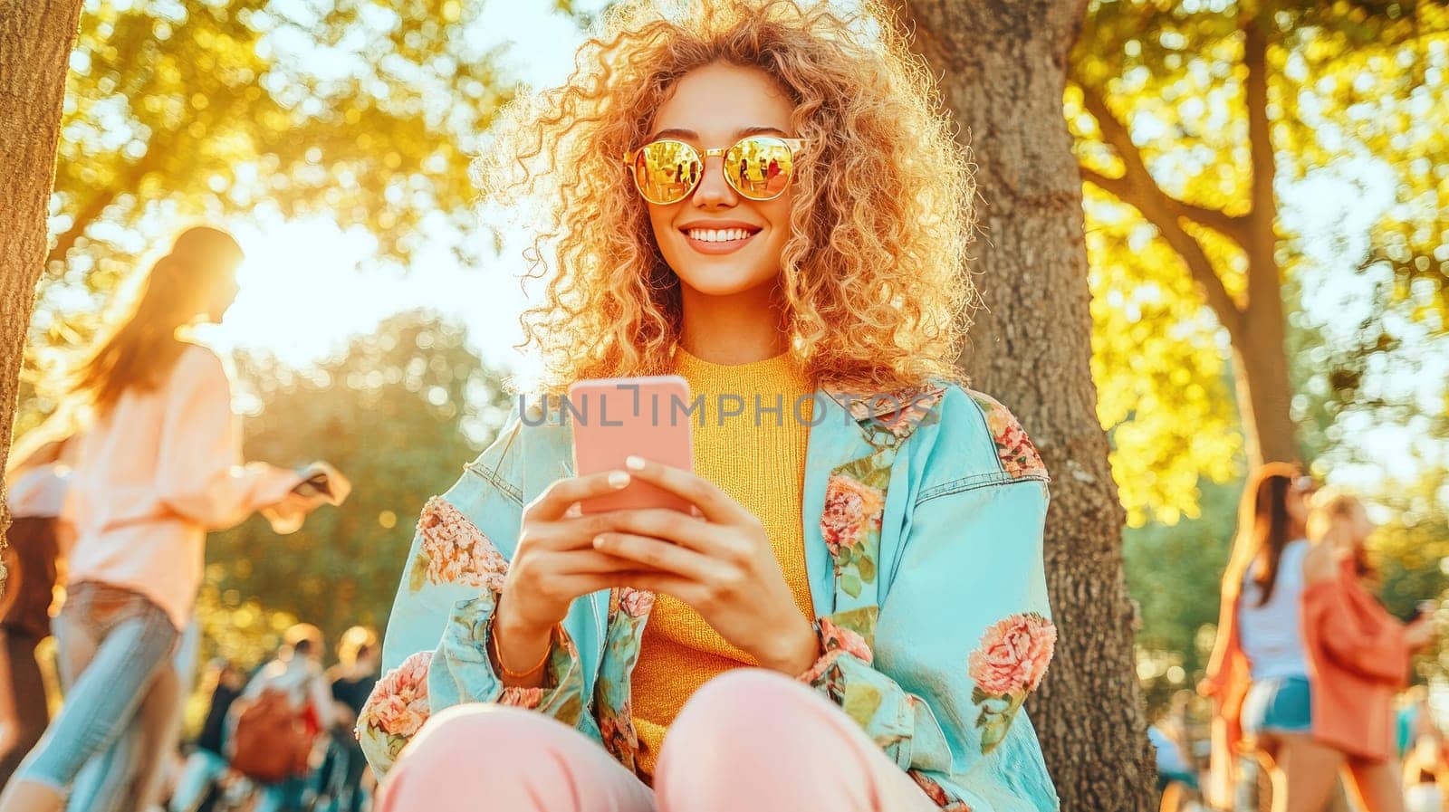 In a lively park, a young woman with curly hair wearing trendy sunglasses smiles while using her smartphone. Friends in colorful outfits gather around, enjoying the sunny afternoon.