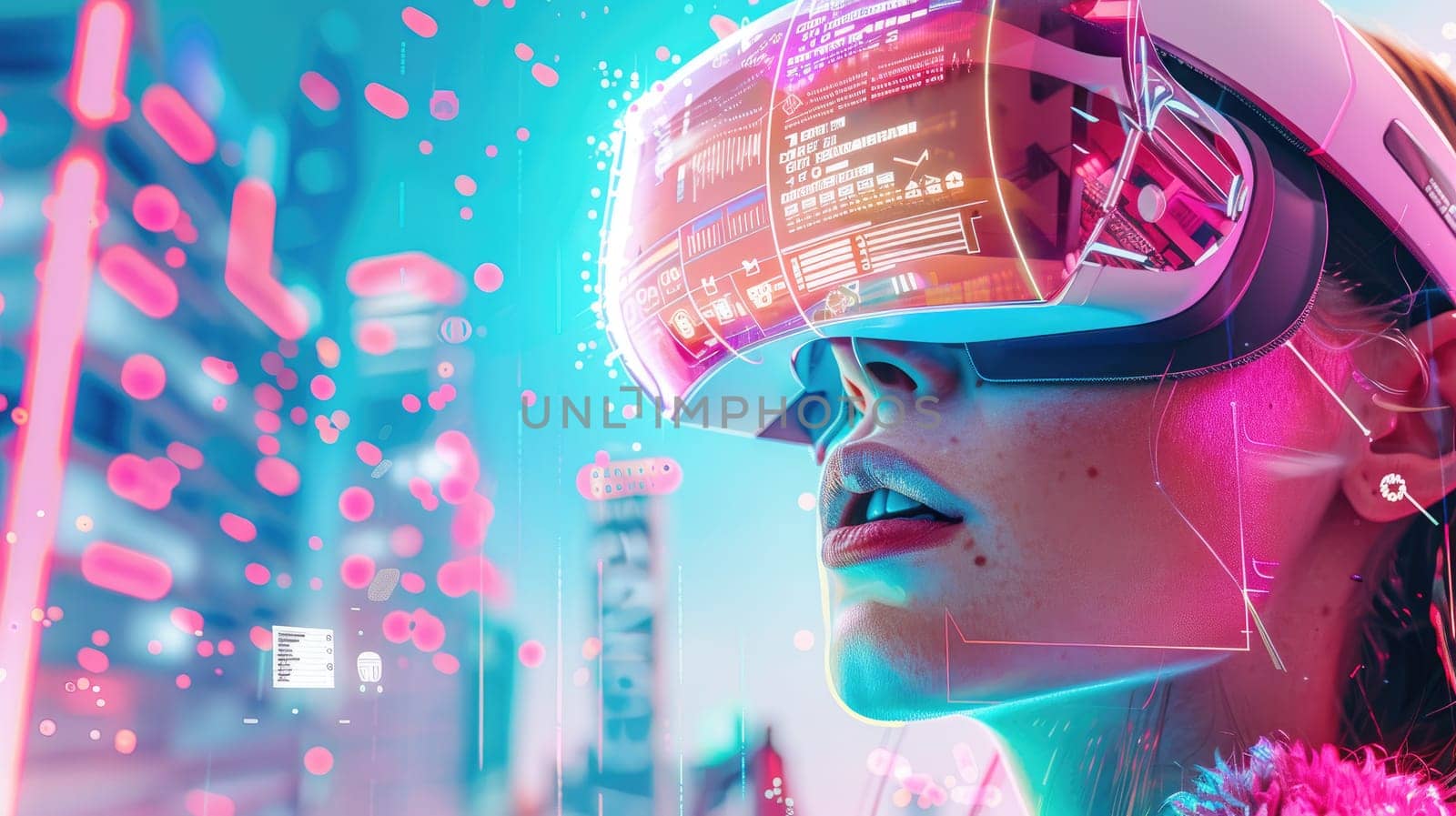 A woman wearing a sleek virtual reality headset immerses herself in a colorful digital world at night. Neon lights and futuristic graphics surround her, enhancing the experience.