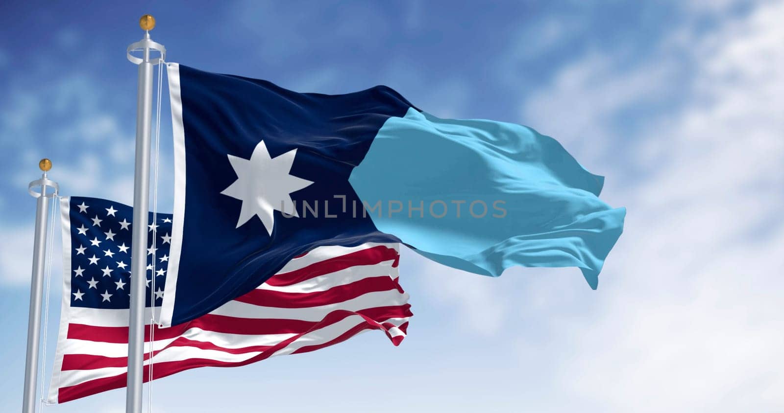 Minnesota new state flag waving with the american flag on a clear day. State in the upper Midwest and northern regions of the United States. 3d illustration render. Rippled fabric