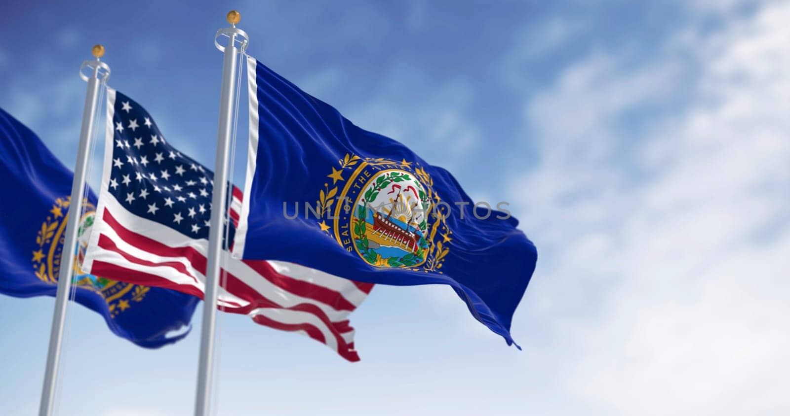 New Hampshire state flag waving in the wind with national US flag on a clear day. Dark blue background with a state seal in the middle. 3d illustration render. Rippling fabric