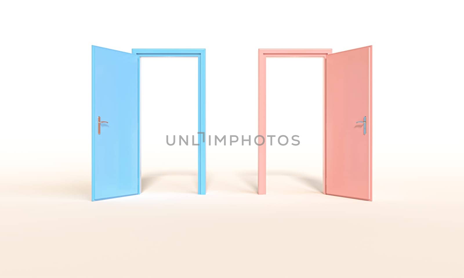 Two open doors, pink and blue, symbolizing gender equality 3d