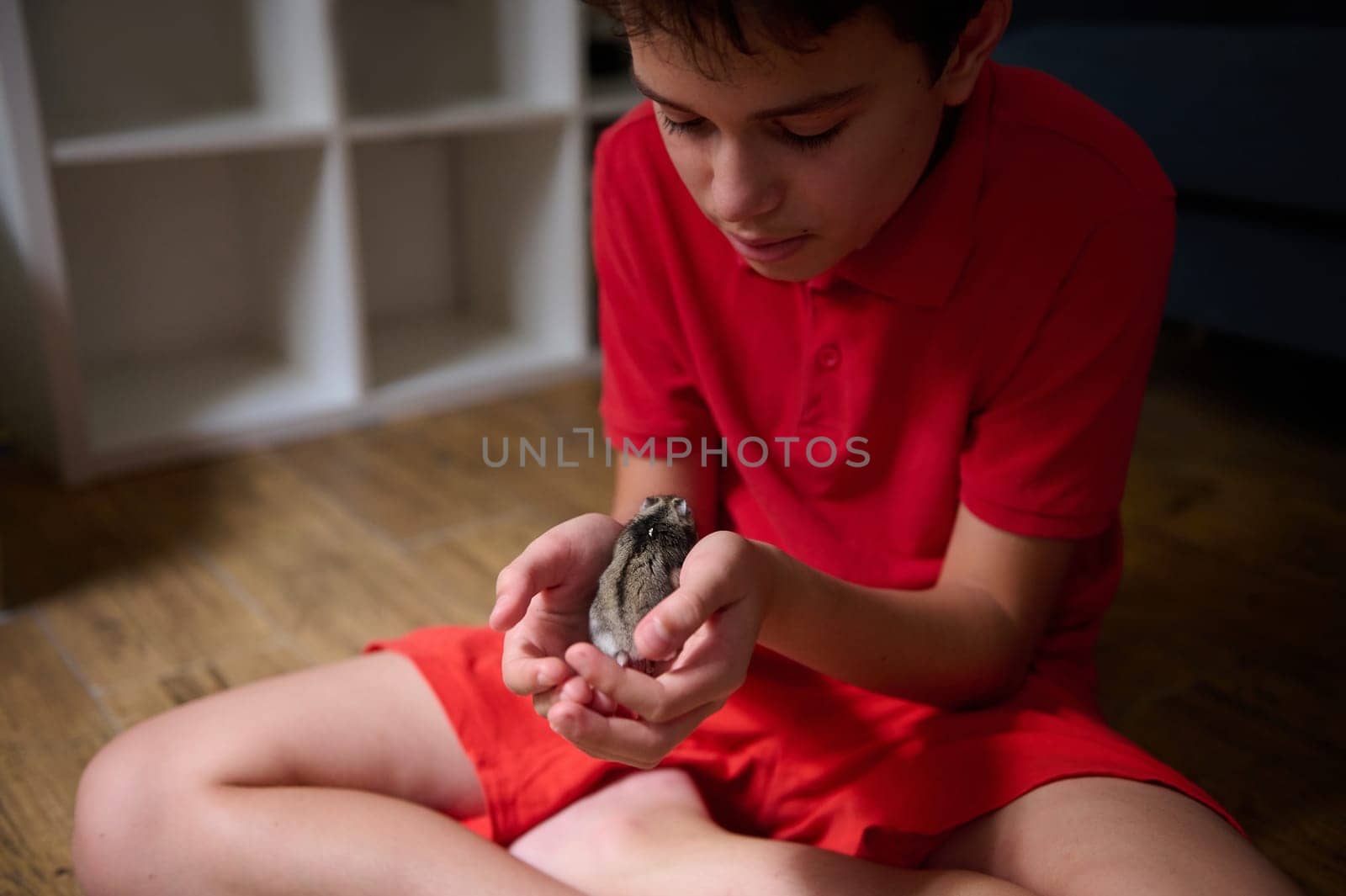 A young boy wearing a red outfit carefully holding a small bird in his hands, sitting cross-legged on a wooden floor. This image conveys themes of kindness, compassion, and the connection between humans and animals.