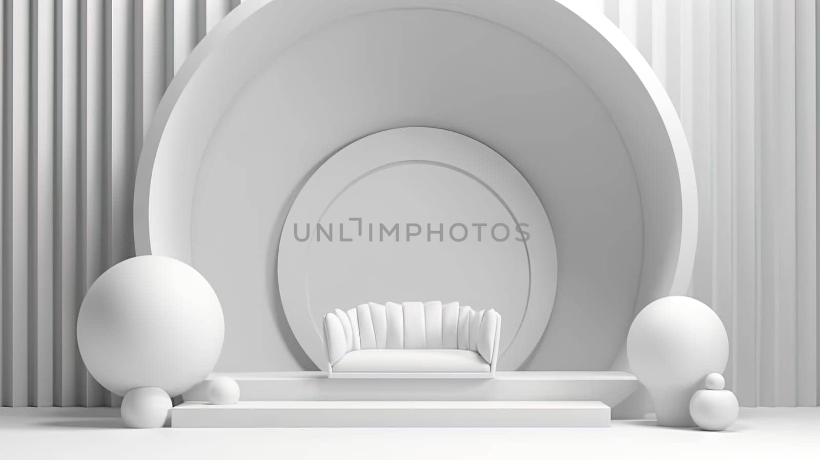 Minimalist white architectural scene with arches, spheres, and clean lines, embodying a modern and stylish aesthetic. Generated AI