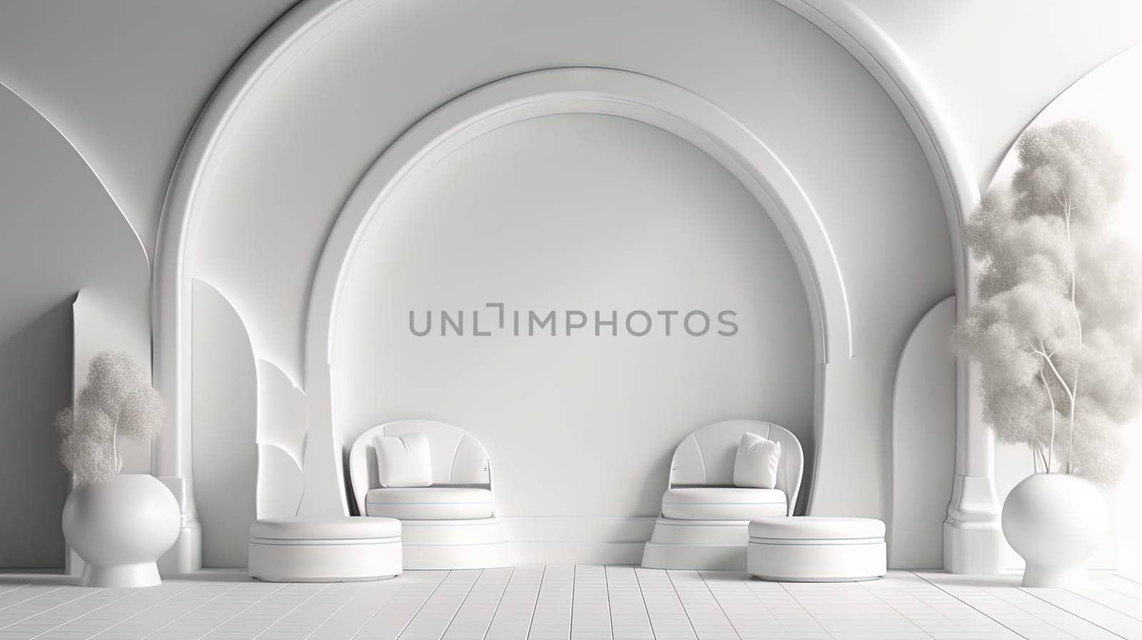 Minimalist white architectural scene with arches, spheres, and clean lines, embodying a modern and stylish aesthetic. Generated AI