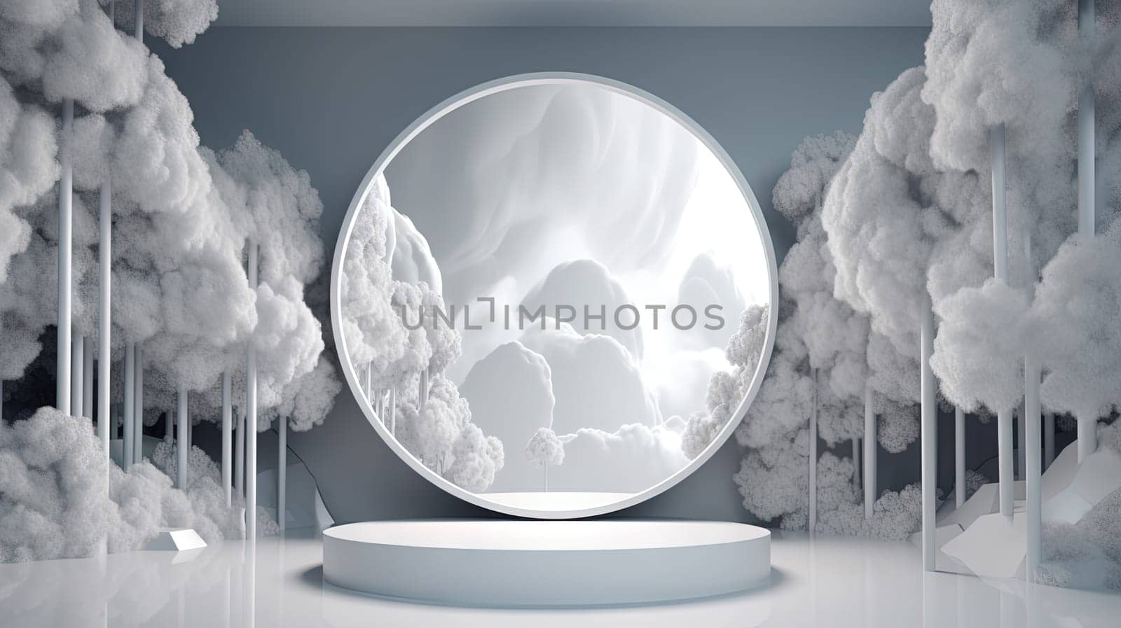 Interior with circular architecture form in 3D style. Abstract room with arc element and trees. Generated AI