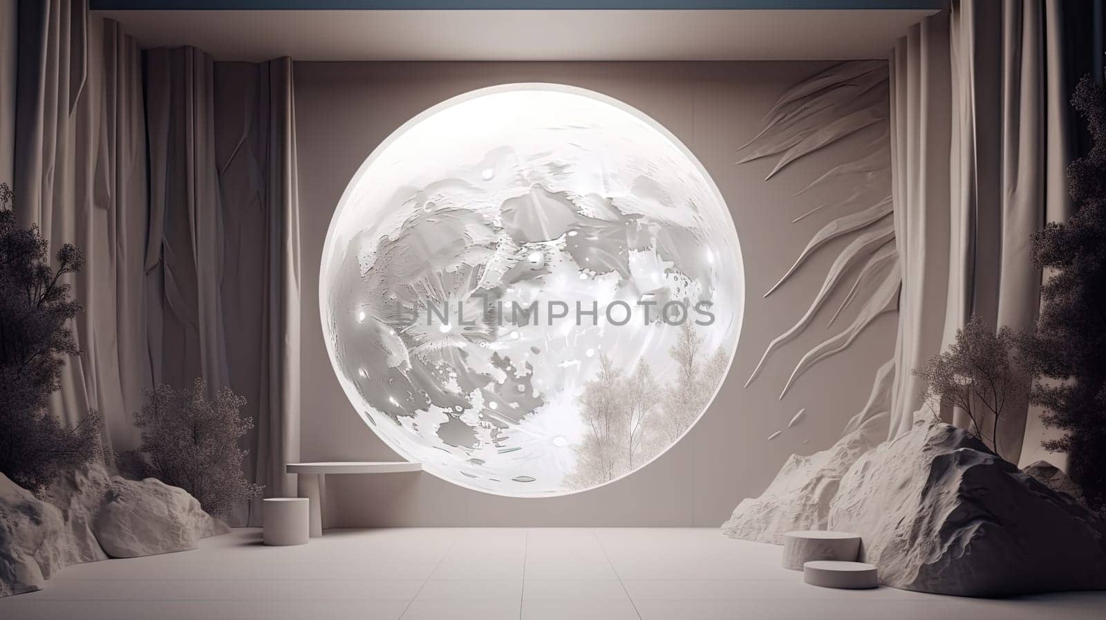 Interior with circular architecture form in 3D style. Abstract room with arc element and trees. Generated AI