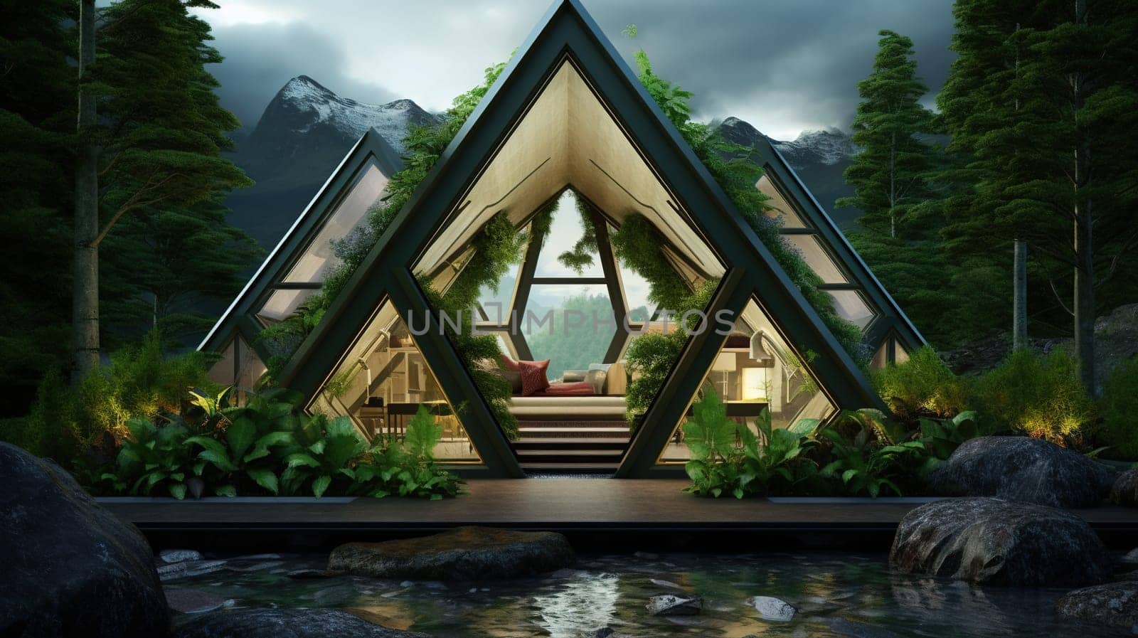 Abstract biomimetic architecture design influenced by nature and geometric forms. Sustainable building, healthy home in the forest. Generated AI