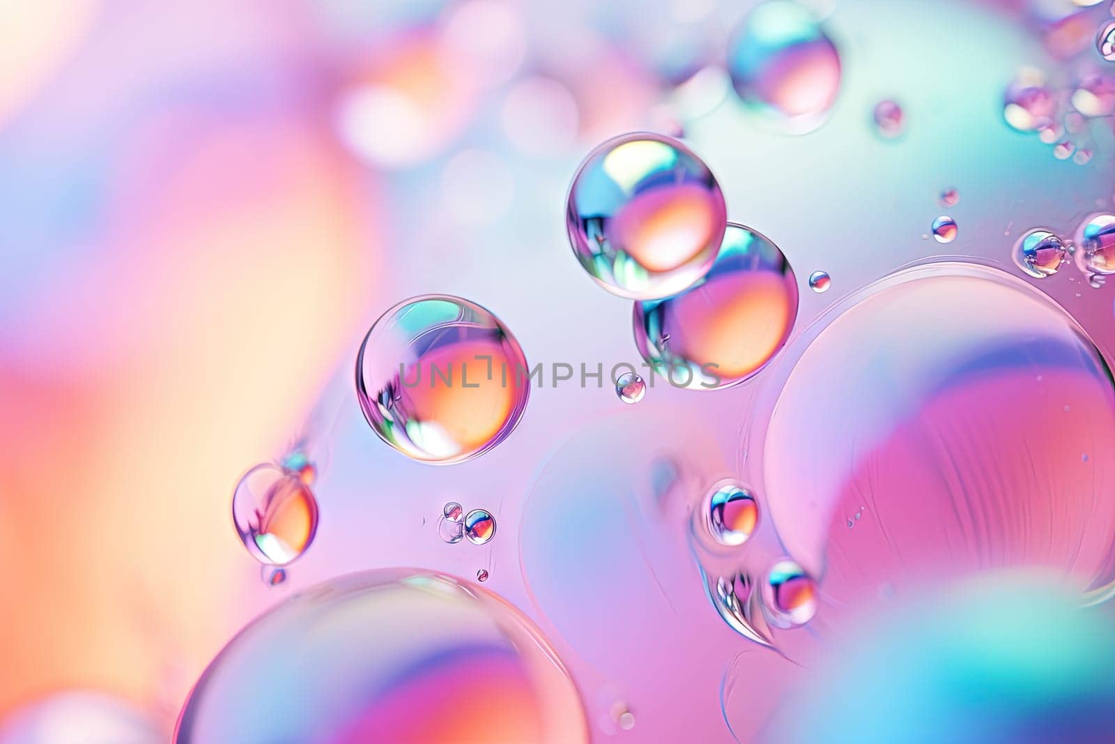 Pink holographic bubbles floating on the soft colorful abstract background in beautiful vivid tones. Generated AI