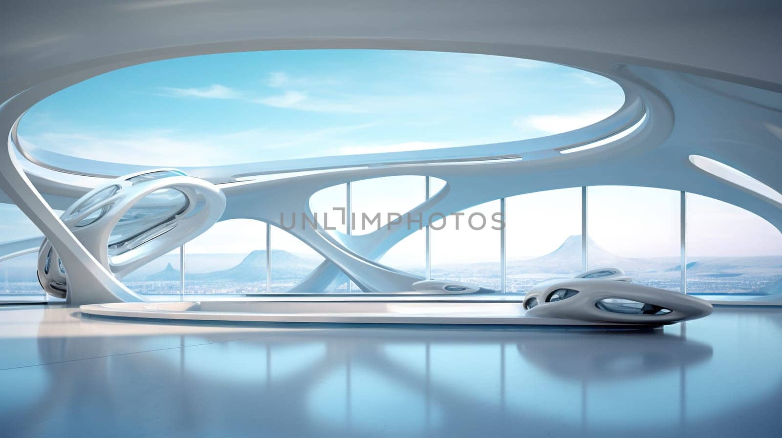 Abstract architecture scene with smooth curves. Abstract background with futuristic building in white and blue colors. Generated AI
