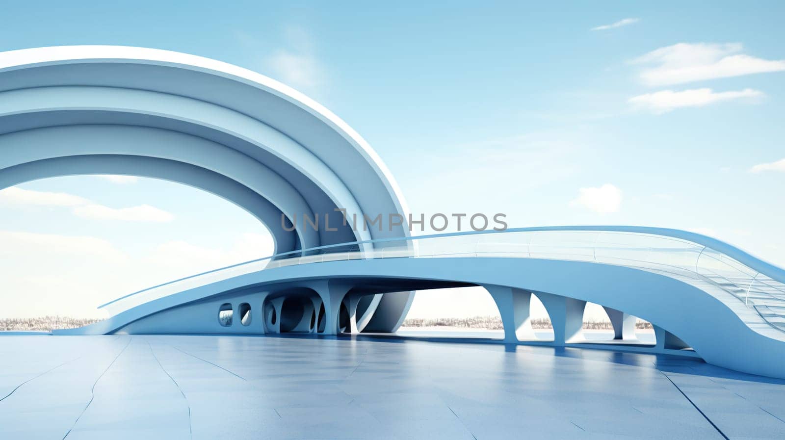 Abstract architecture scene with smooth curves. Abstract background with futuristic building in white and blue colors. Generated AI
