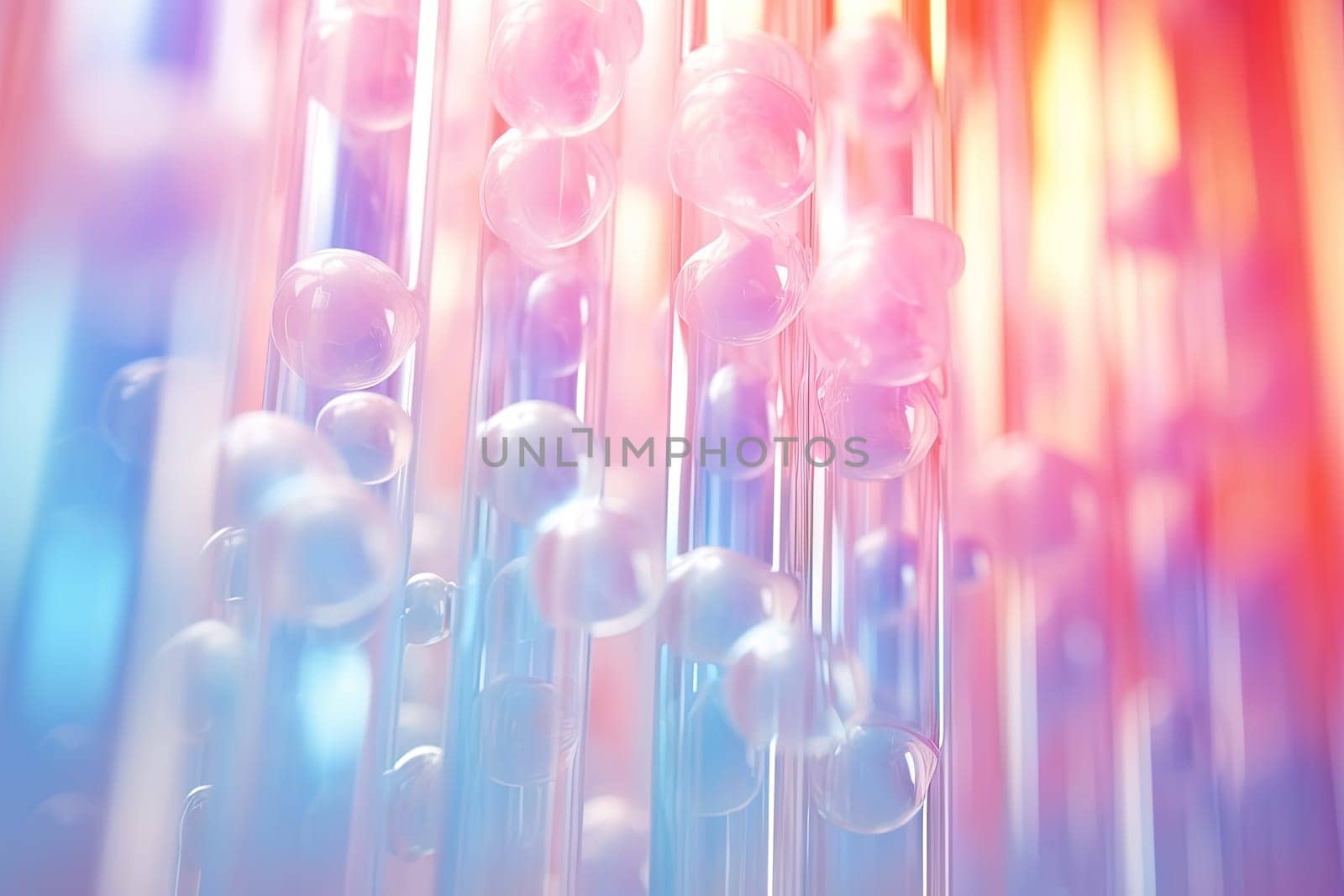 Pink holographic bubbles floating on the soft colorful abstract background in beautiful vivid tones. Generated AI