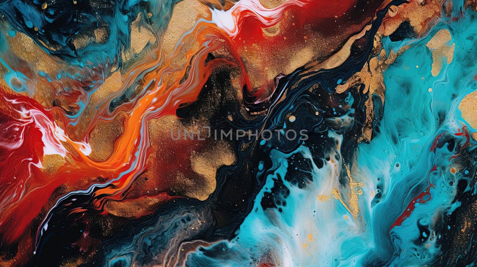 Abstract artistic background with blue and red marble with golden paint stains. Generated AI