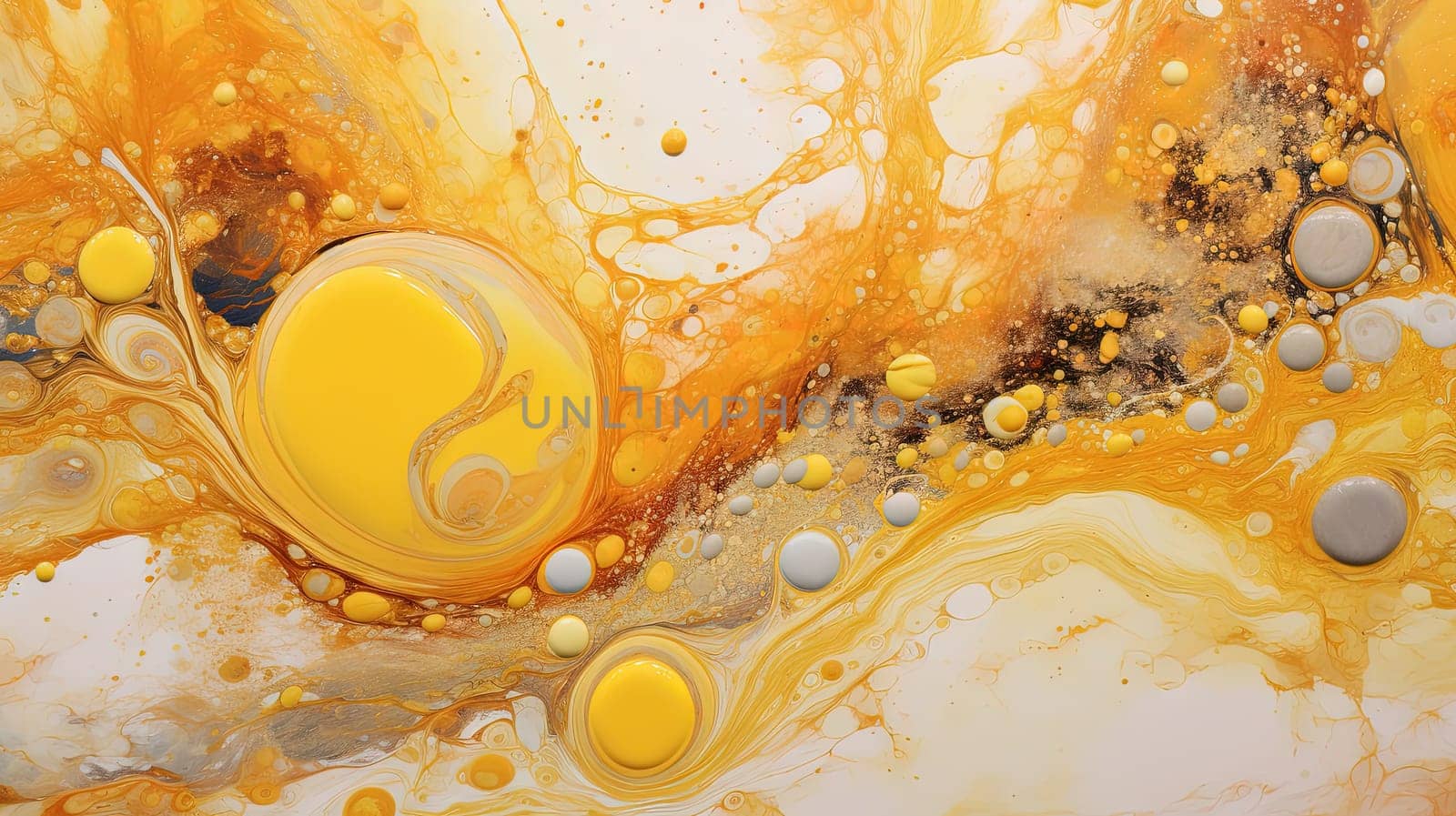 Abstract artistic background with yellow marble and golden paint stains. Generated AI