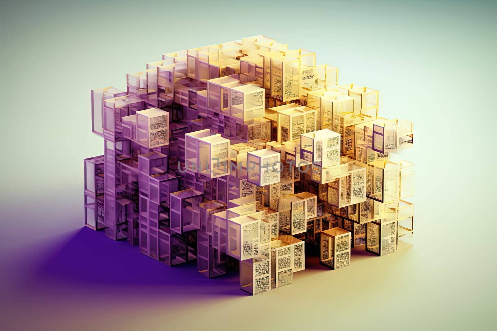 Ethereal geometric sculpture with a cube shape. Shiny crystal cube structure with vibrant colors in vaporwave and y2k style. Generated AI