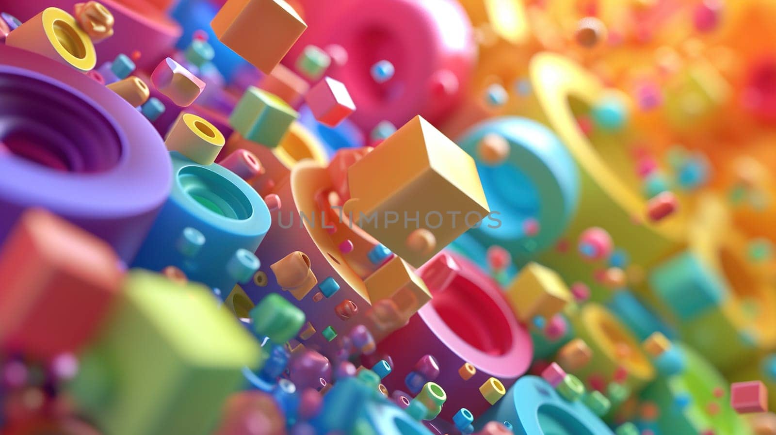 Abstract background with colorful 3D shapes scattered in geometric composition. Generated AI.