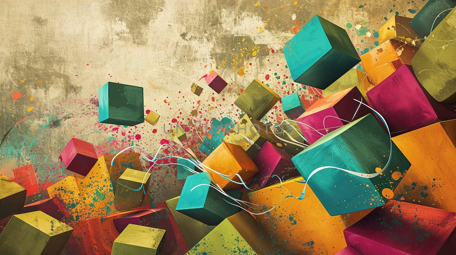 Colorful abstract composition of floating cubes and splashes of paint. Generated AI.