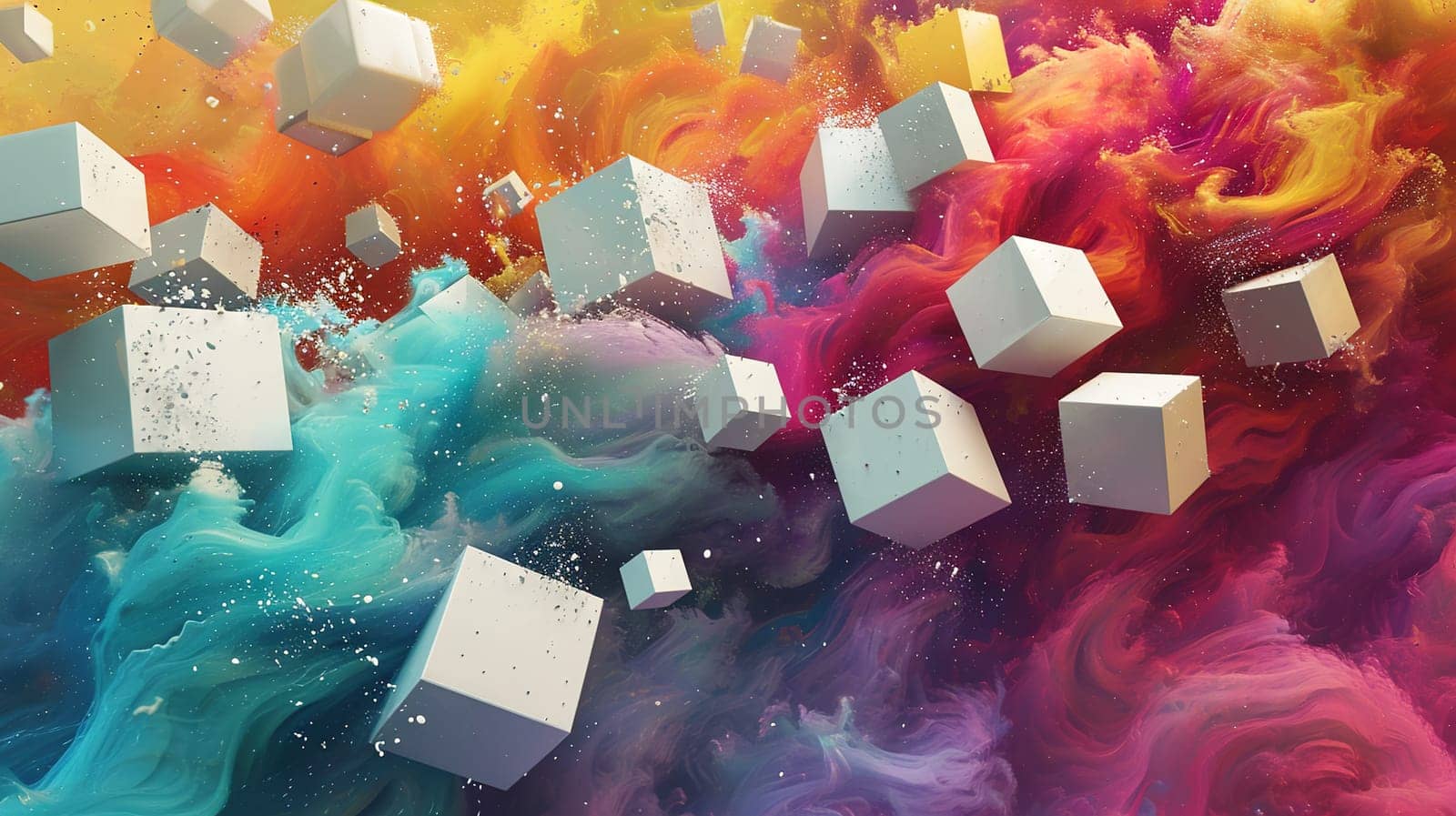 Abstract white cubes flying into color burst of paint. Generated AI.