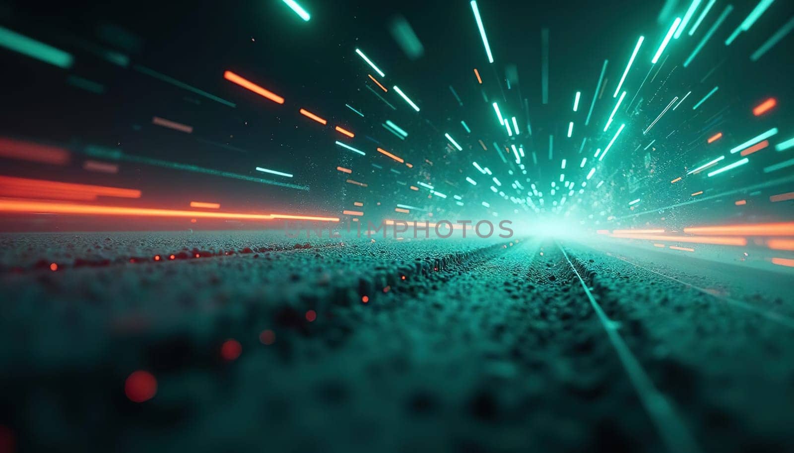 Futuristic light beams and glowing trails in motion creating a tunnel effect with speed lines. Generated AI.