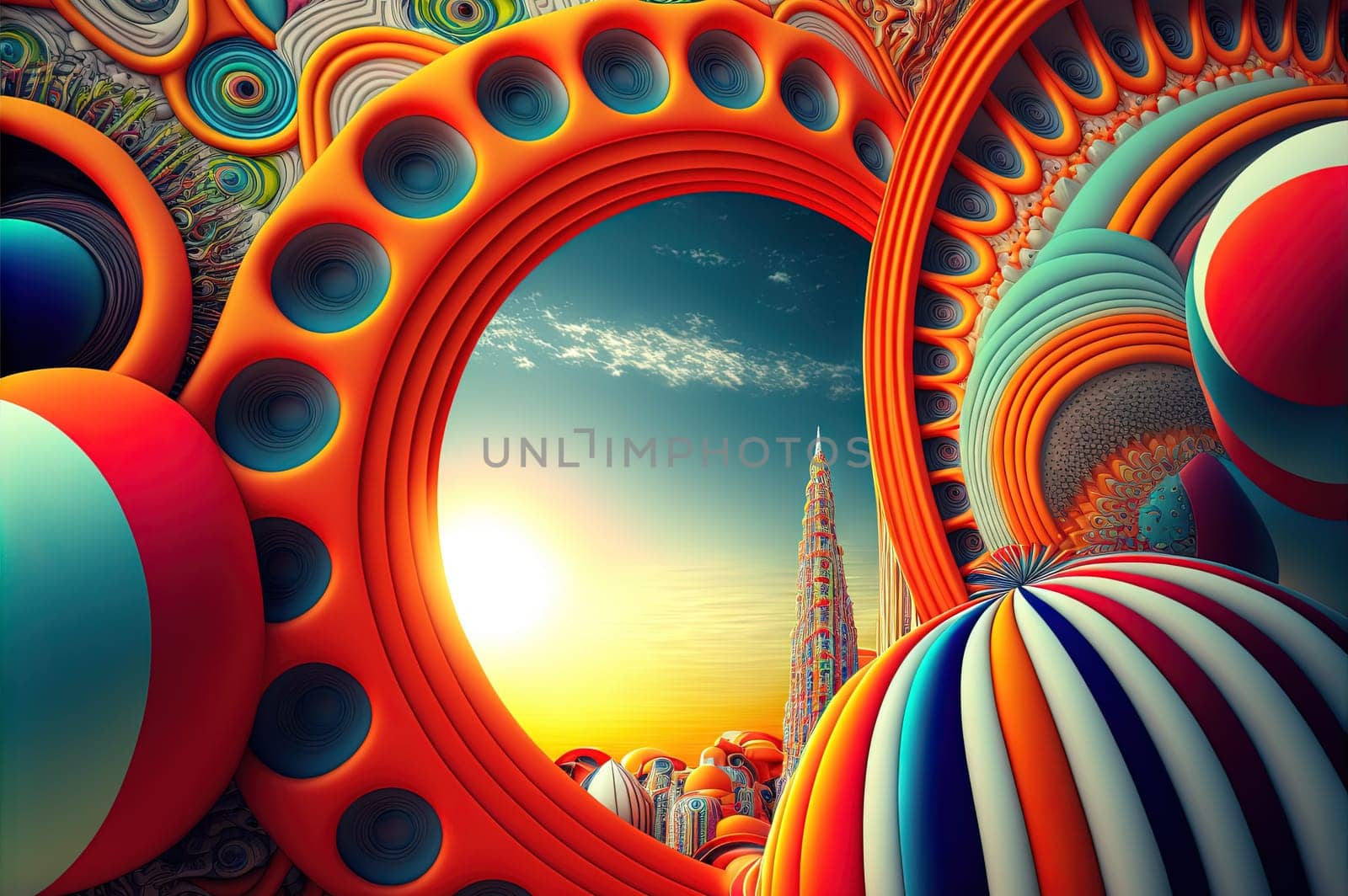 Surreal abstract 3D composition with intricate textures, organic shapes, and vibrant colors in a digital fantasy environment. Generated AI.