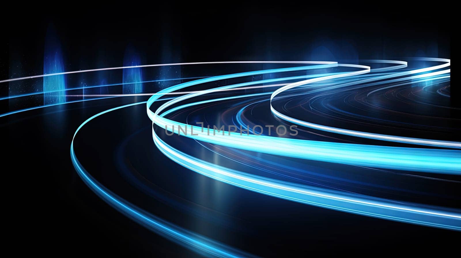Abstract blue neon light trails and digital waves on dark background for tech and business design themes. Generated AI