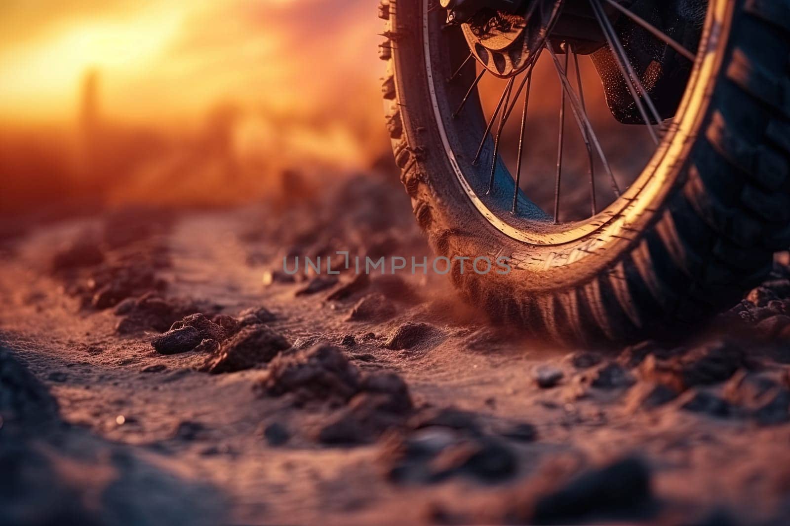 Trial sports bike wheel in the sun shine. Close up view of a mountain bike wheel. Generated AI