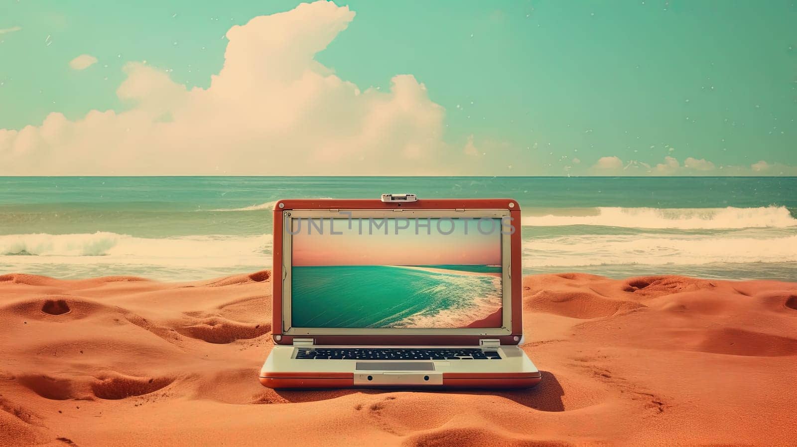 Relaxing beach scene with laptop on the sand. Retro styled vacation or remote work concept. Generated AI