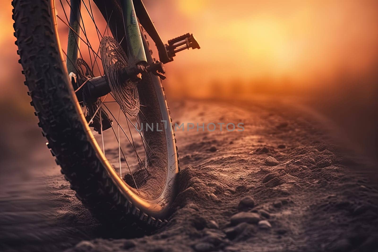 Trial sports bike wheel in the sun shine. Close up view of a mountain bike wheel. Generated AI