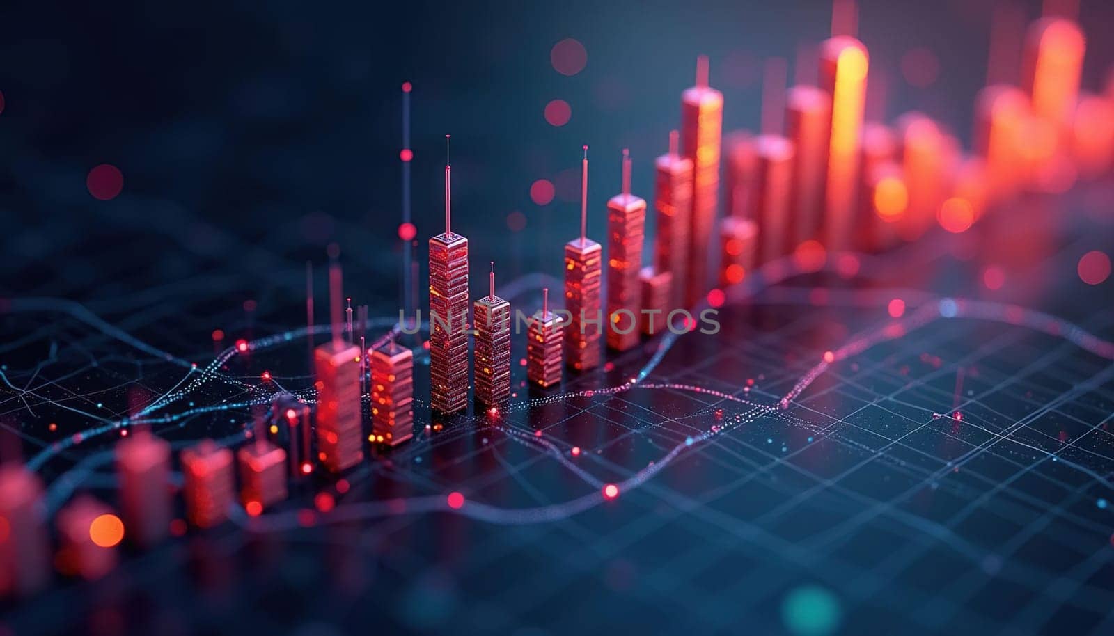 3D infographics for business presentation with neon glowing charts, bars and pie diagrams. Generated AI.