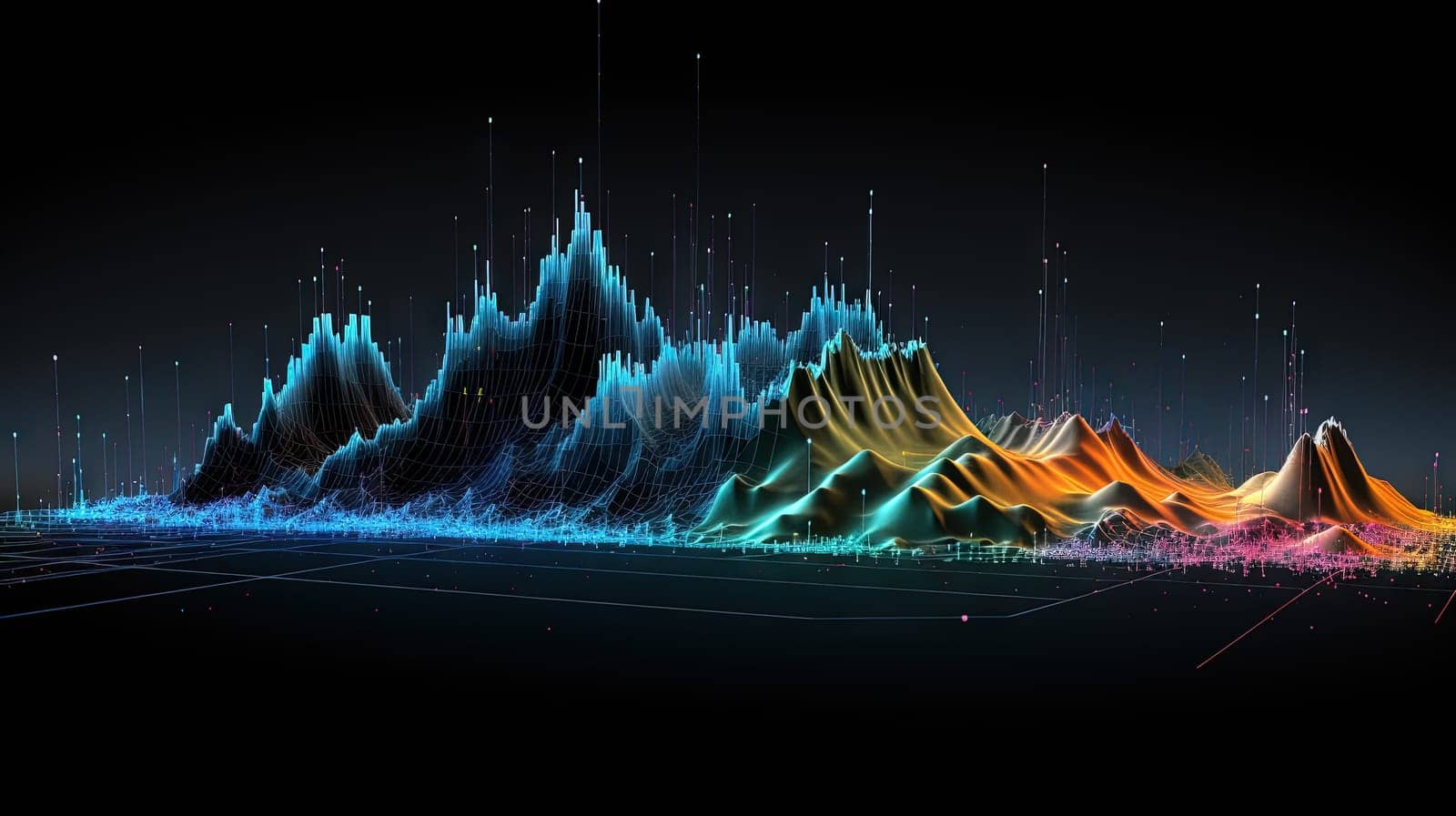 Colorful finance graph and chart with mountain shaped bars. Generated AI