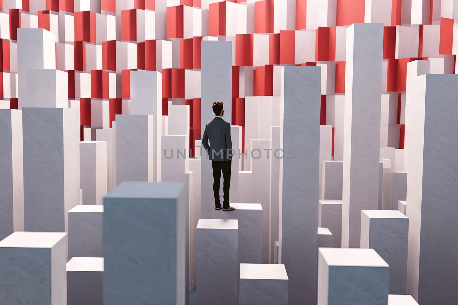 Businessman choice concept with man thinking about the solution in the room of columns and graphs. Generated AI
